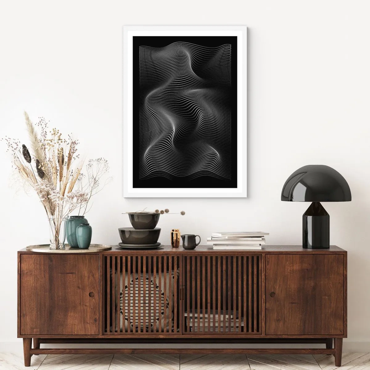 Plakát v bílém rámu - Tanec světla v prostoru - 70x100 cm