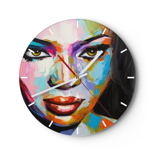 Nástěnné hodiny - Barevný portrét ženy v intenzivních barvách - 30x30cm - Nejde odtrhnout oči - Moderní nástěnná dekorace do obývacího pokoje, kuchyně a ložnice ARTTOR