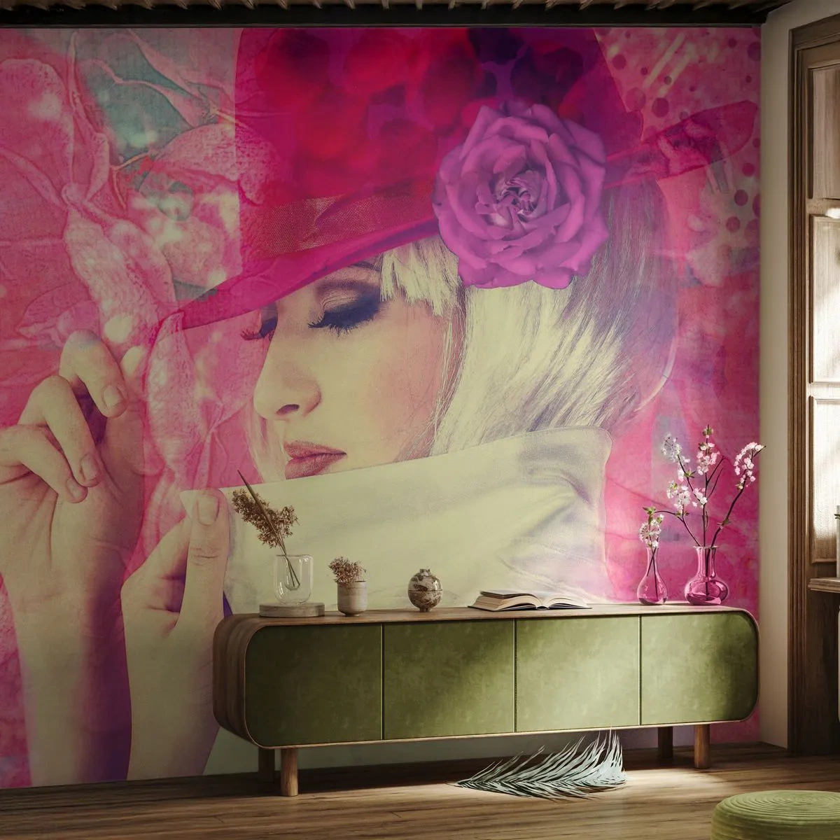 Fototapeta Premium Canvas - Retro portrét v růžové mlze - žena V Klobouku, Květiny, Móda - 500x350 cm
