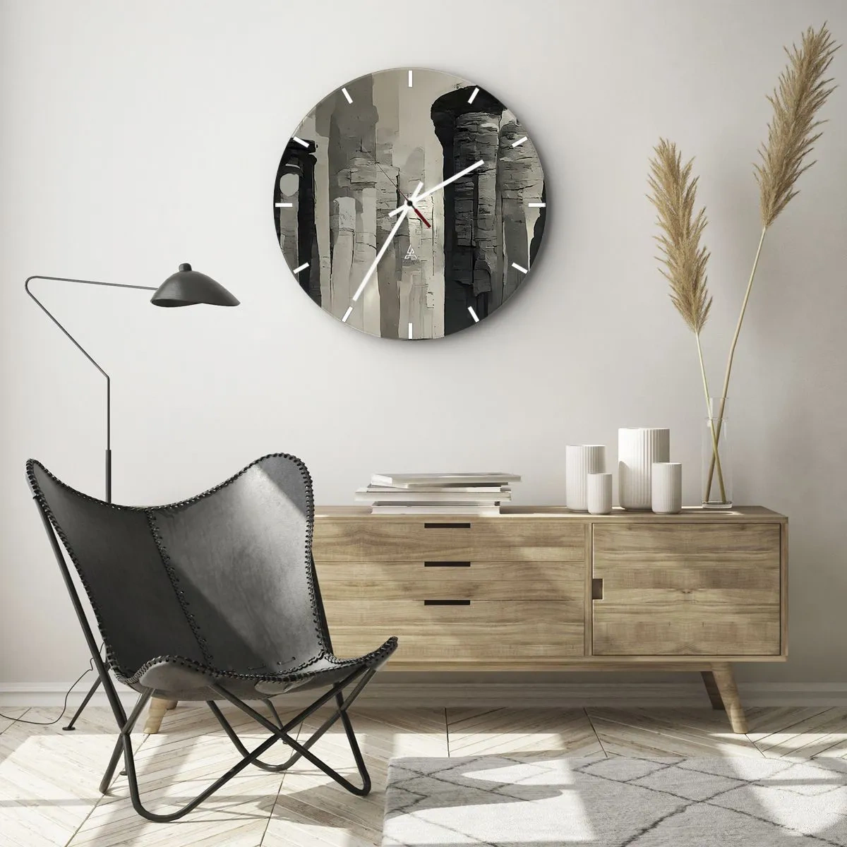 Nástěnné hodiny - Monumentální sloupy v malířských béžových a šedých tónech - 30x30cm - Majestátnost starožitnosti - Moderní nástěnná dekorace do obývacího pokoje, kuchyně a ložnice ARTTOR