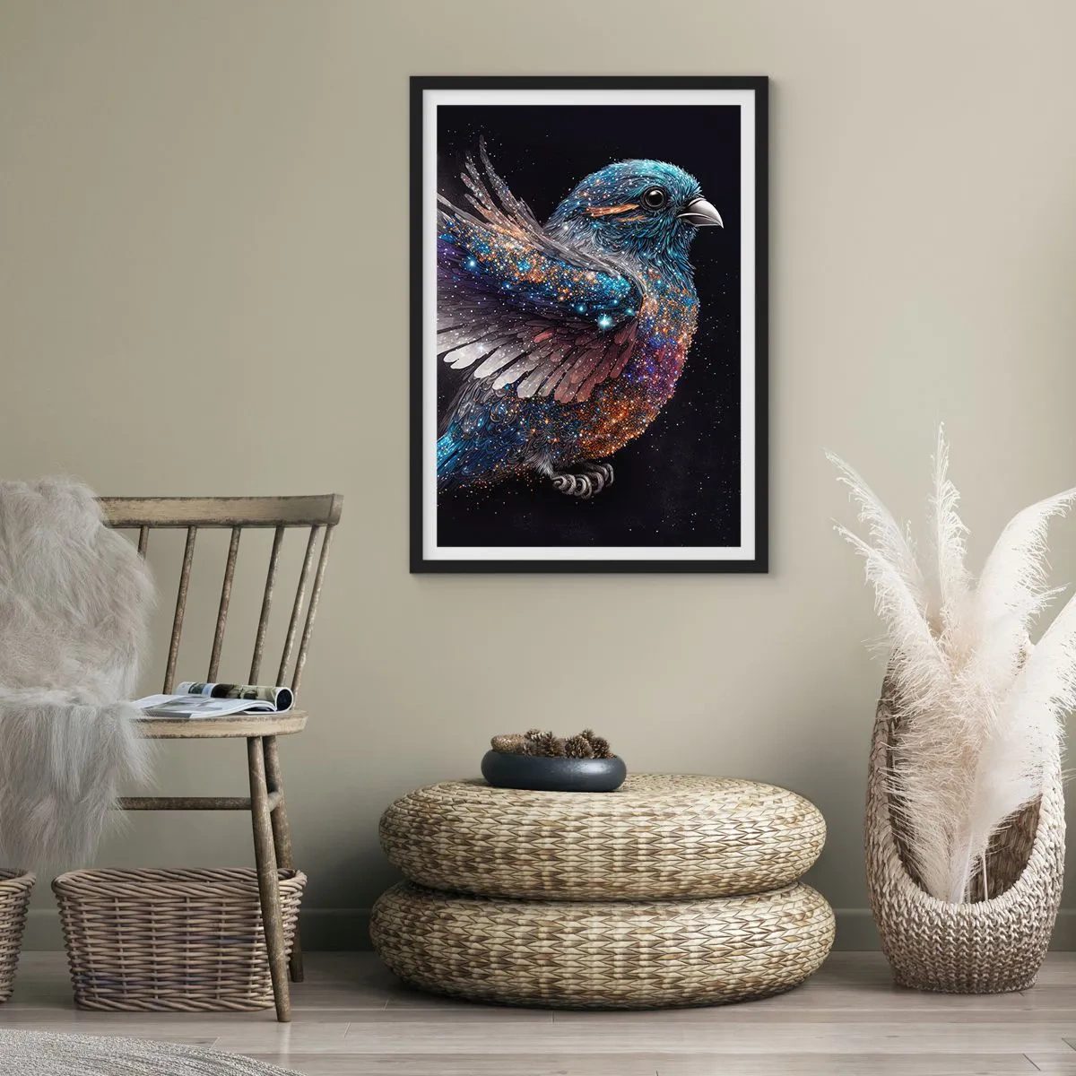 Plakát v černém rámu - Vesmírný pták s hvězdným peřím na černém pozadí - 50x70cm - Diamantový vrabec - Moderní nástěnná dekorace do obývacího pokoje a ložnice ARTTOR