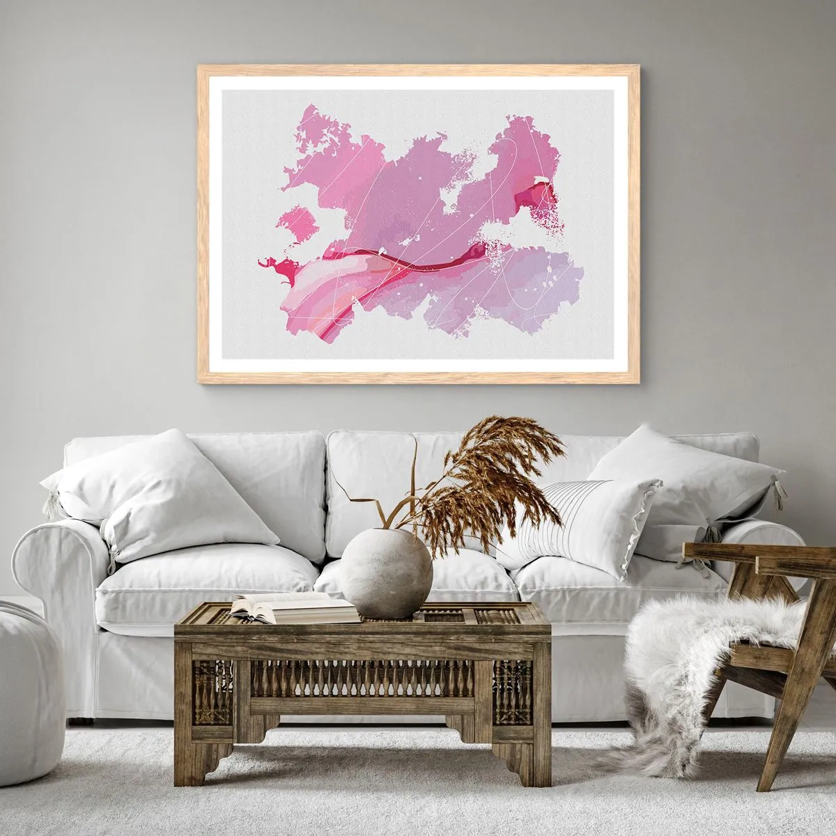 Plakát v rámu světlý dub - Mapa růžového světa - 100x70 cm