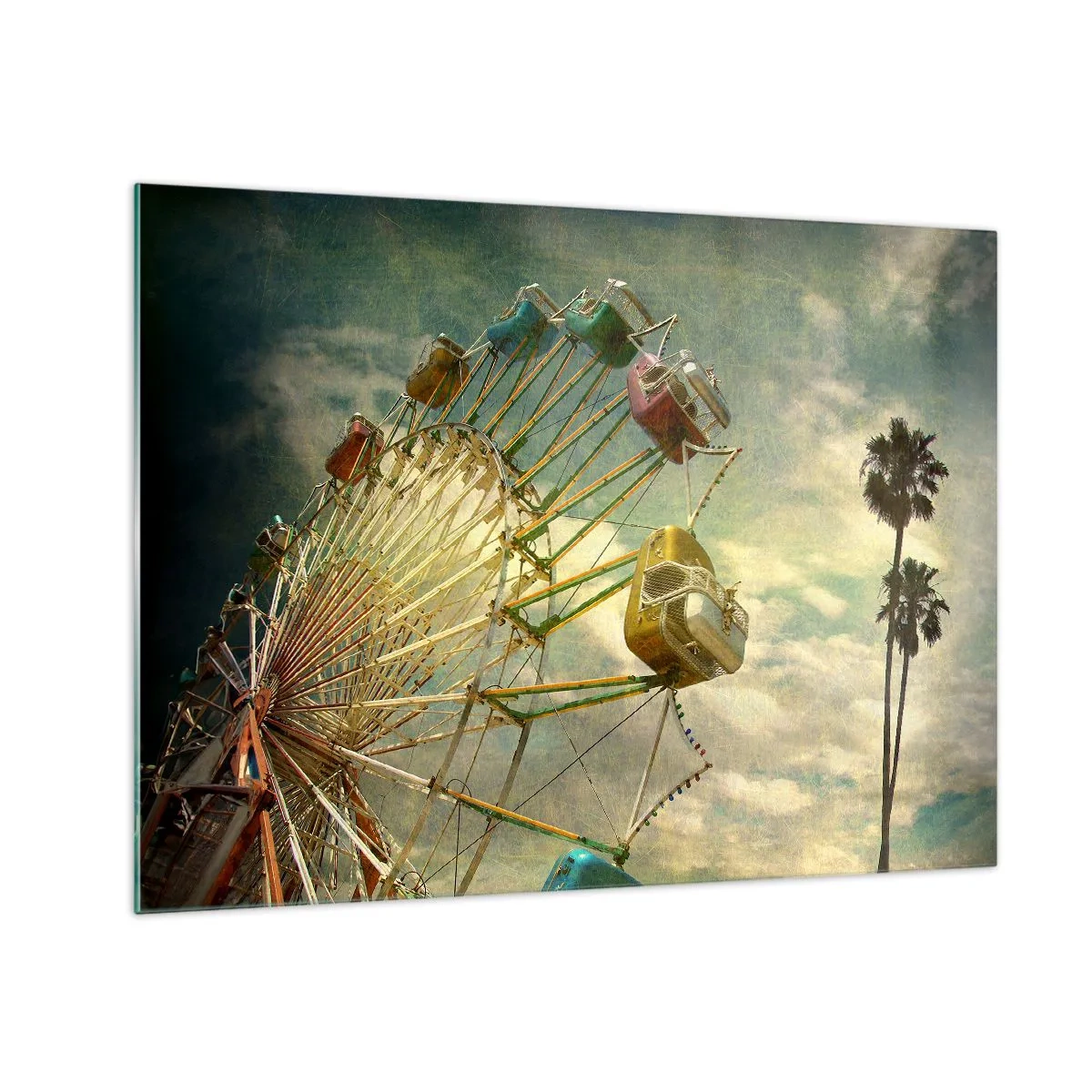 Obraz na skle - Ruské kolo proti obloze a palmám v retro stylu - 70x50cm - Bude, bude zábava… - Moderní nástěnná dekorace do obývacího pokoje a ložnice ARTTOR