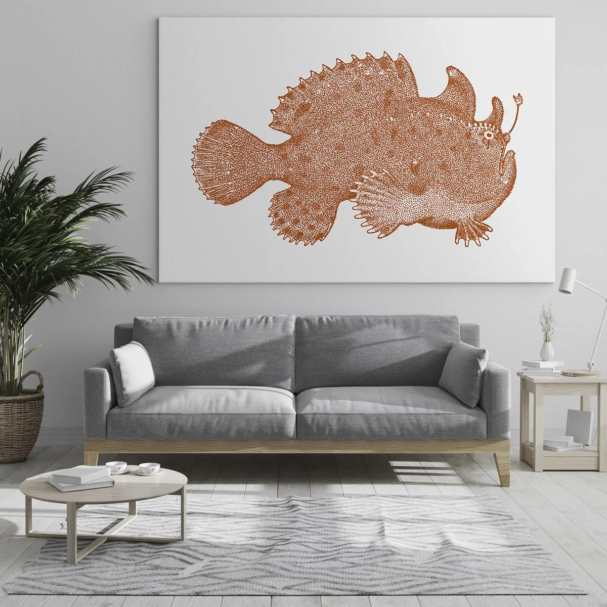 Obraz na skle - Rezavá kresba hlubinné ryby provedená tečkovanou technikou - 70x50cm - A nakonec ryba - Moderní nástěnná dekorace do obývacího pokoje a ložnice ARTTOR