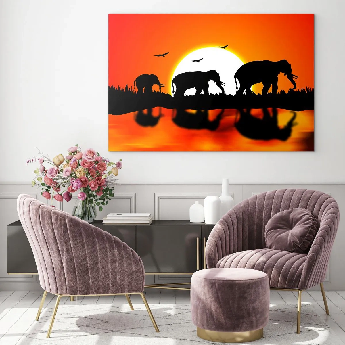 Obraz na skle - Siluety slonů proti zapadajícímu slunci - 70x50cm - A večer na malý drink - Moderní nástěnná dekorace do obývacího pokoje a ložnice ARTTOR