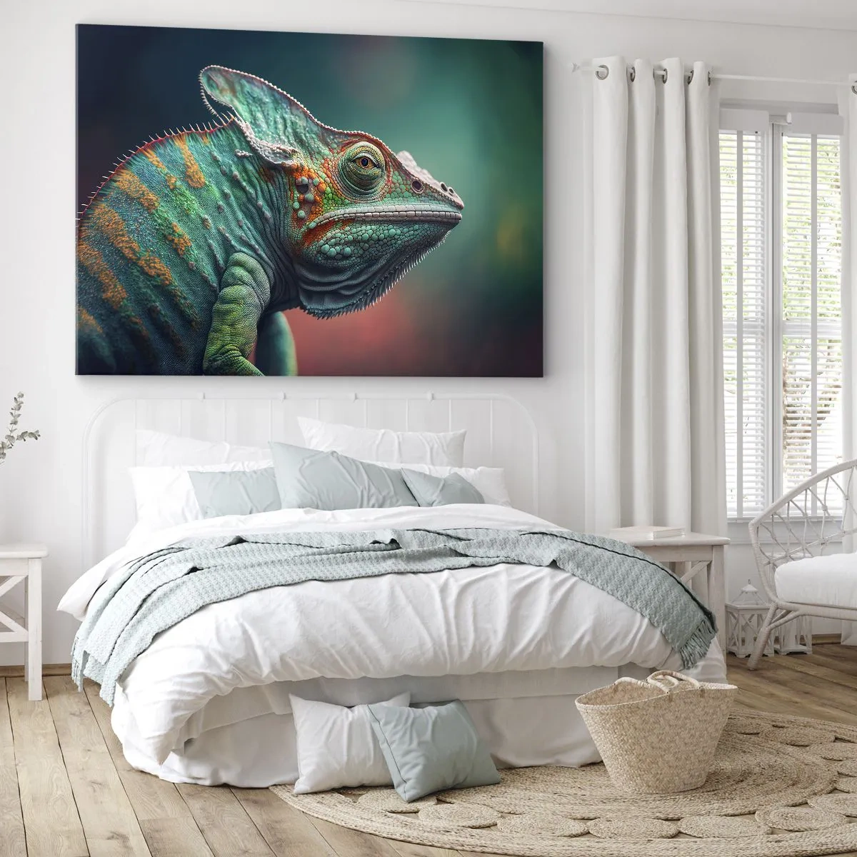 Obraz na plátně - Detail chameleona v intenzivních barvách - 70x50cm - Vidíš mě? To není dobré… - Moderní nástěnná dekorace do obývacího pokoje a ložnice ARTTOR