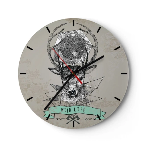 Nástěnné hodiny - Geometrický jelen s nápisem Wild Life na šedém pozadí - 30x30cm - Vidění sv. Huberta - Moderní nástěnná dekorace do obývacího pokoje, kuchyně a ložnice ARTTOR