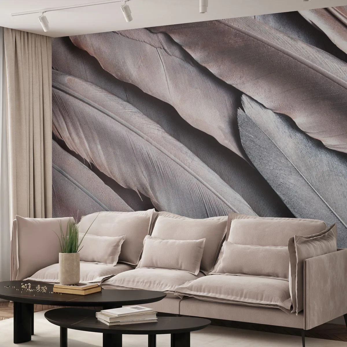 Fototapeta Premium Canvas - V růžové a stříbrné - Ptačí pírko, Grafika, Boho - 350x256 cm