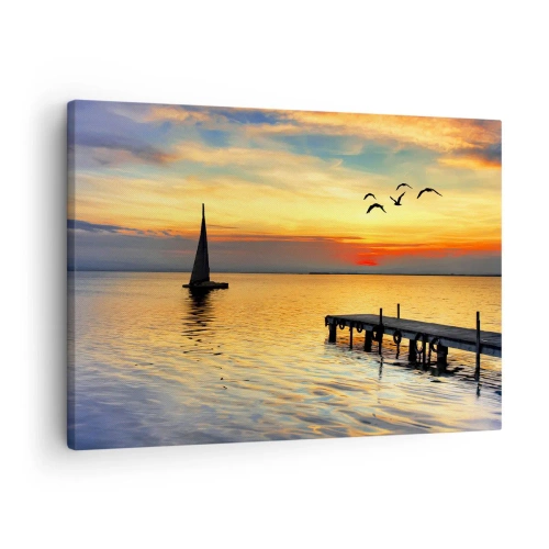 Obraz na plátně - Západ slunce s plachetnicí a molem na klidném jezeře - 70x50cm - Večerní návraty - Moderní nástěnná dekorace do obývacího pokoje a ložnice ARTTOR