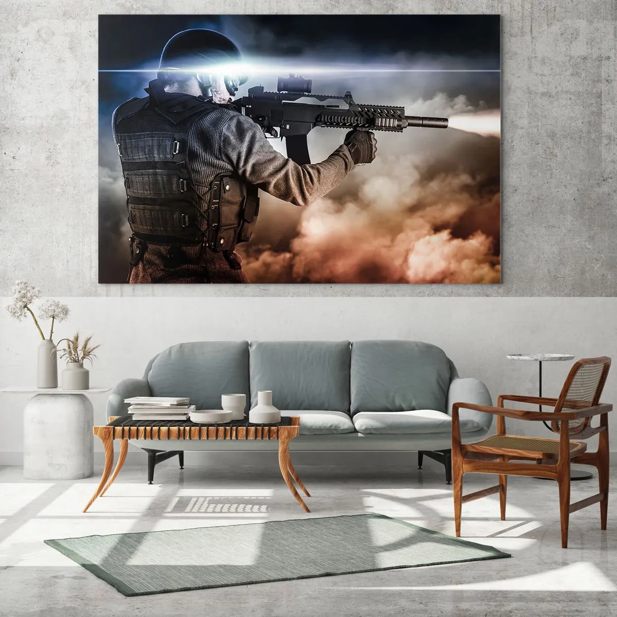 Obraz na skle - Voják v akci střílející z pušky na pozadí kouře. - 70x50cm - Prostě hrdina - Moderní nástěnná dekorace do obývacího pokoje a ložnice ARTTOR