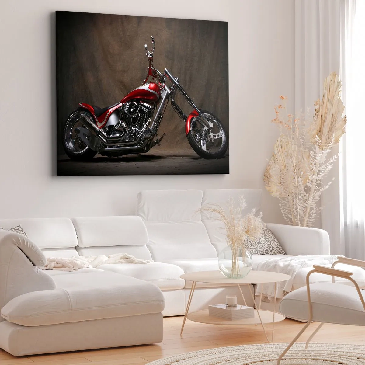 Obraz na plátně - Červený motocykl na zakázku na hnědém látkovém pozadí - 70x50cm - Červeno-stříbrná krása - Moderní nástěnná dekorace do obývacího pokoje a ložnice ARTTOR
