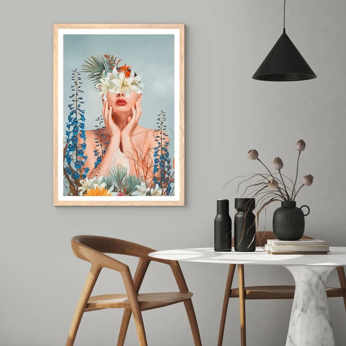 Plakát v rámu světlý dub - Žena – květina - 30x40 cm
