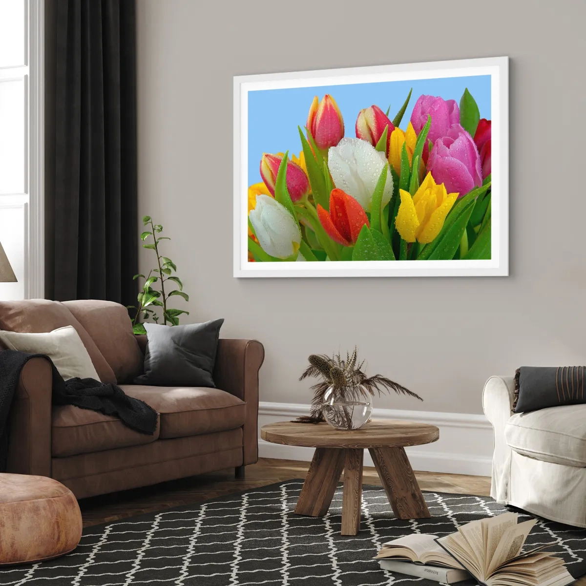 Plakát v bílém rámu - Květinová duha v kapkách rosy - 91x61 cm