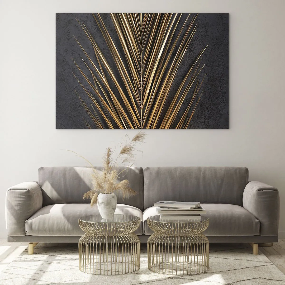 Obraz na skle - Zlatý palmový list na tmavém pozadí - 70x50cm - Zlato tropů - Moderní nástěnná dekorace do obývacího pokoje a ložnice ARTTOR