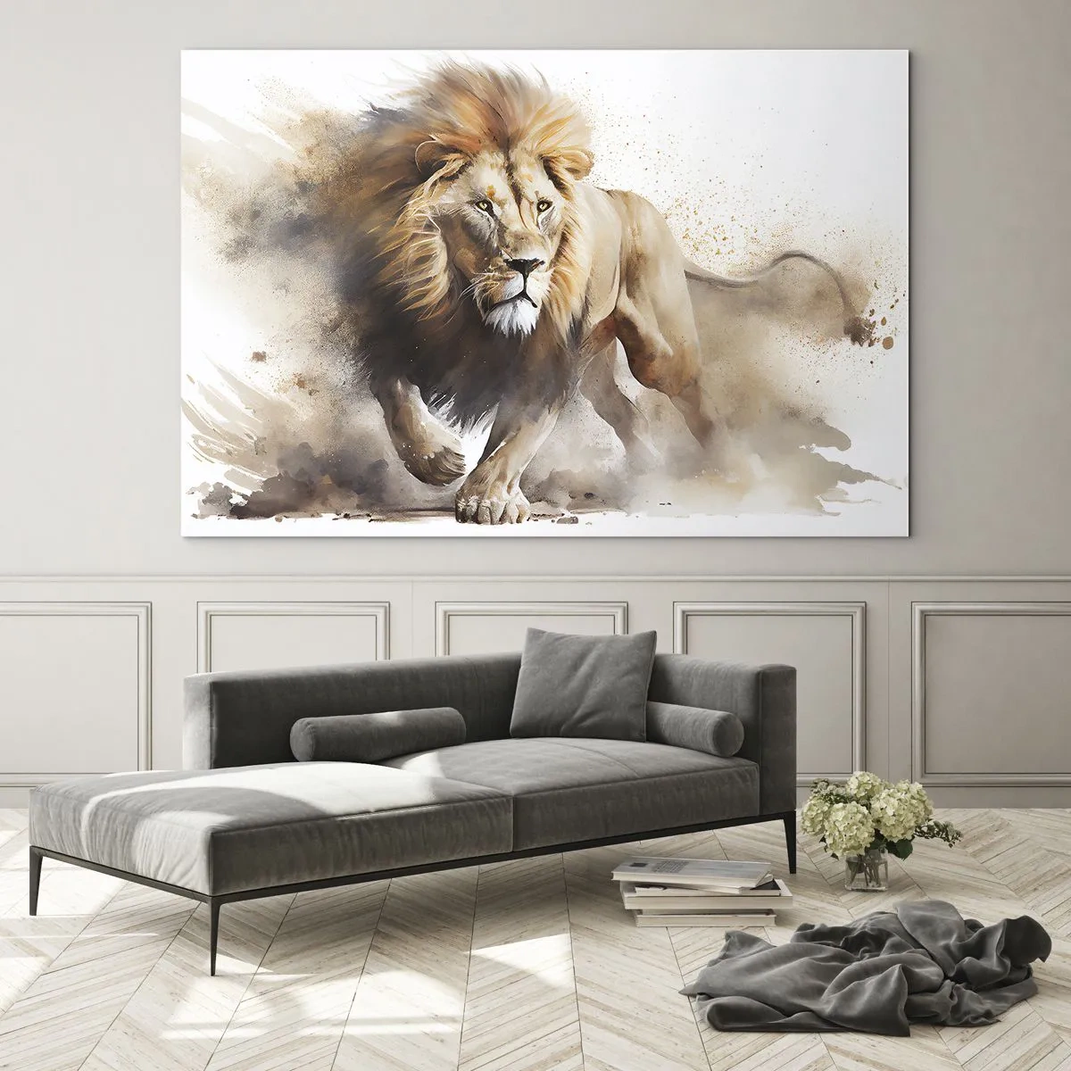 Obraz na skle - Dynamický snímek běžícího lva ve stylu akvarelu - 70x50cm - Král se pohnul - Moderní nástěnná dekorace do obývacího pokoje a ložnice ARTTOR