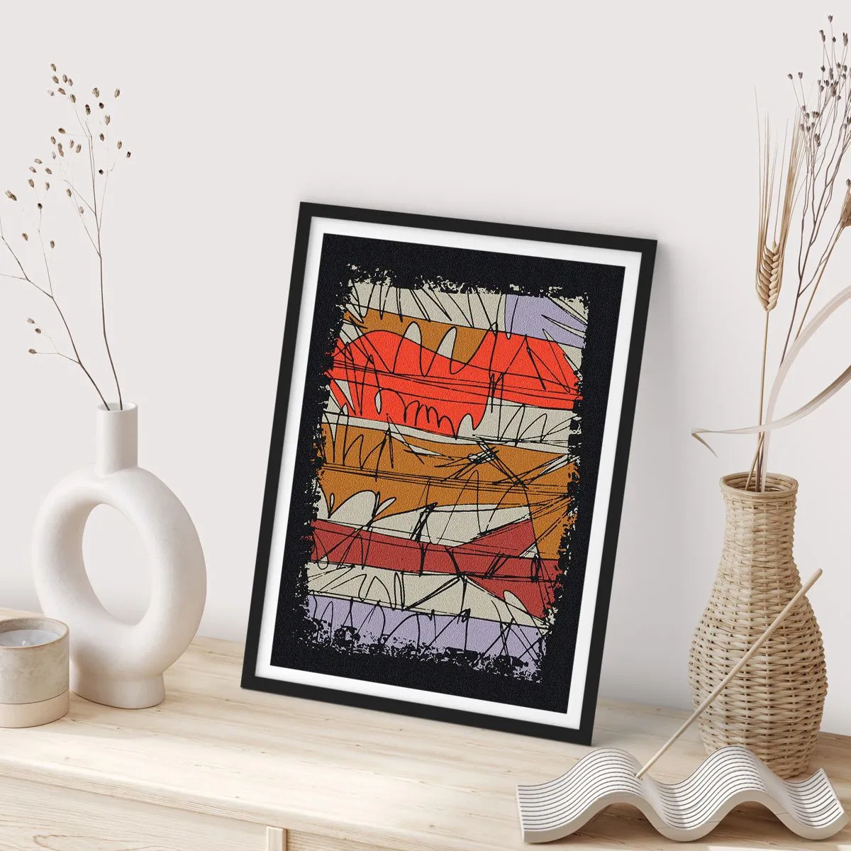 Plakát v černém rámu - Abstraktní kompozice s dynamickými liniemi a barvami. - 50x70cm - Spontánní kompozice - Moderní nástěnná dekorace do obývacího pokoje a ložnice ARTTOR
