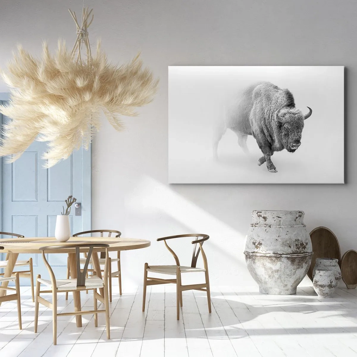 Obraz na plátně - Bílý bizon v minimalistickém prostředí - 70x50cm - Král prérie - Moderní nástěnná dekorace do obývacího pokoje a ložnice ARTTOR