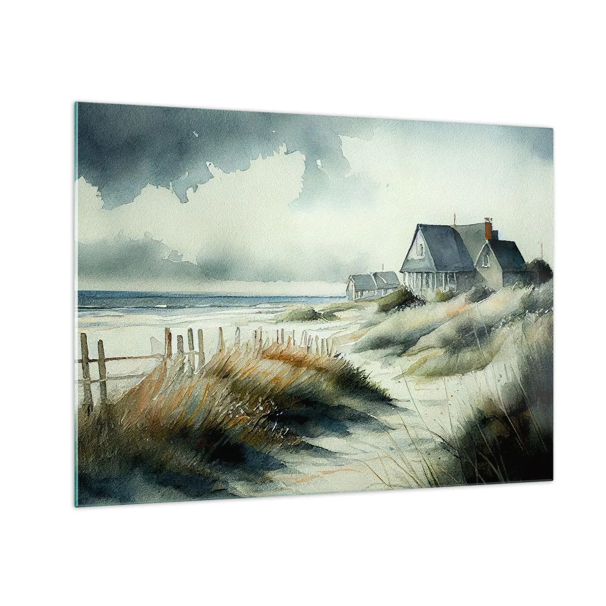 Obraz na skle - Domy na pláži pod zataženou oblohou - 70x50cm - Daleko od shonu - Moderní nástěnná dekorace do obývacího pokoje a ložnice ARTTOR