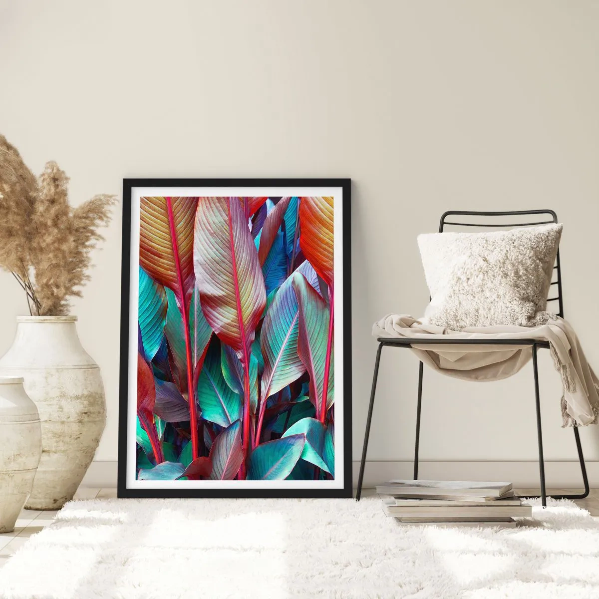 Plakát v černém rámu - Barevné listy tropické rostliny v sytých barvách - 50x70cm - Barevná houština - Moderní nástěnná dekorace do obývacího pokoje a ložnice ARTTOR