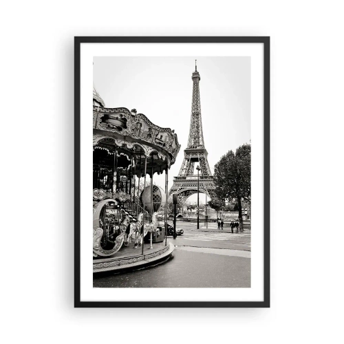 Plakát v černém rámu - Černobílá fotografie kolotoče a věže v pozadí - 50x70cm - Pokud zábava, tak jen v Paříži - Moderní nástěnná dekorace do obývacího pokoje a ložnice ARTTOR