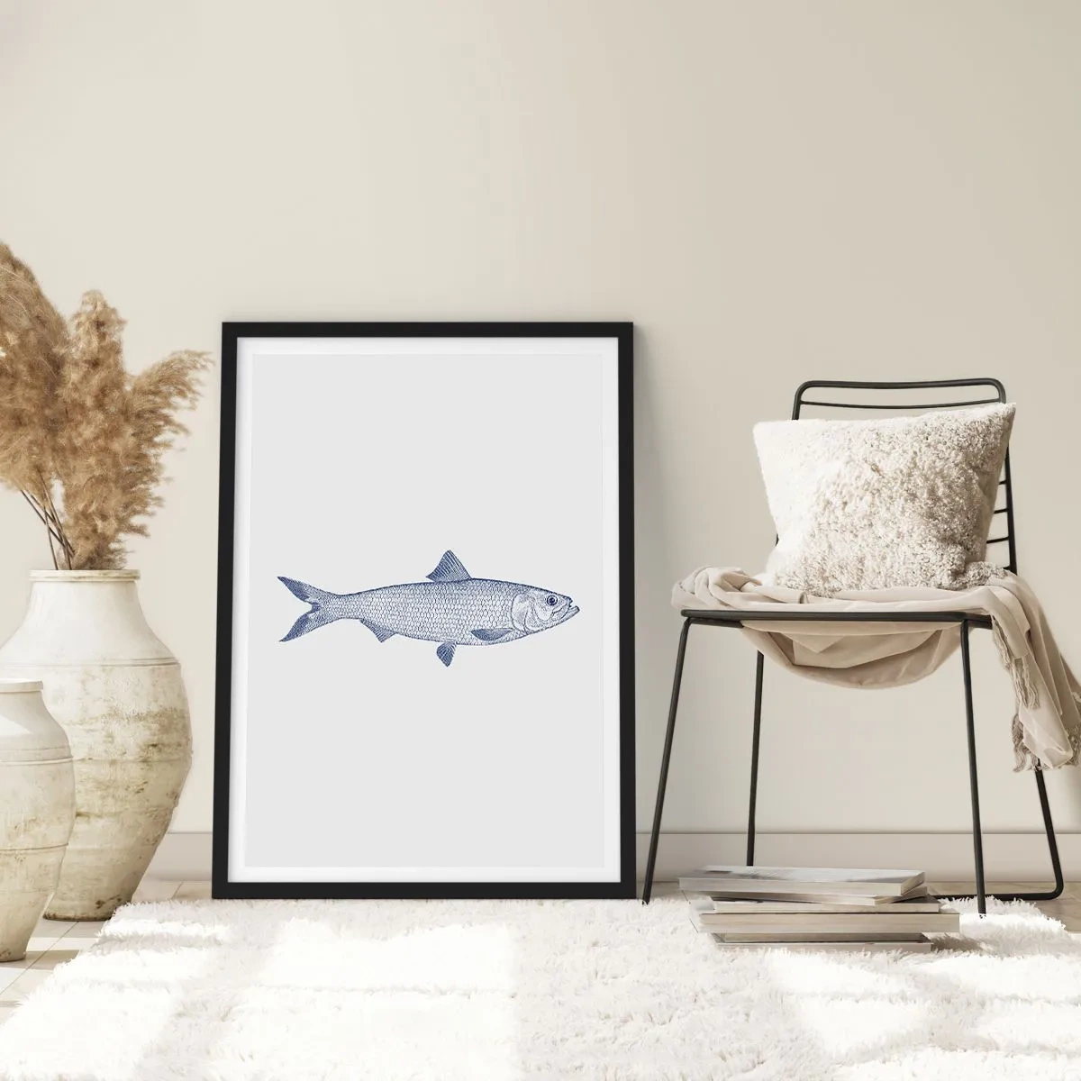 Plakát v černém rámu - Minimalistická ilustrace vintage ryb - 50x70cm - Pozdravy ze severních moří - Moderní nástěnná dekorace do obývacího pokoje a ložnice ARTTOR
