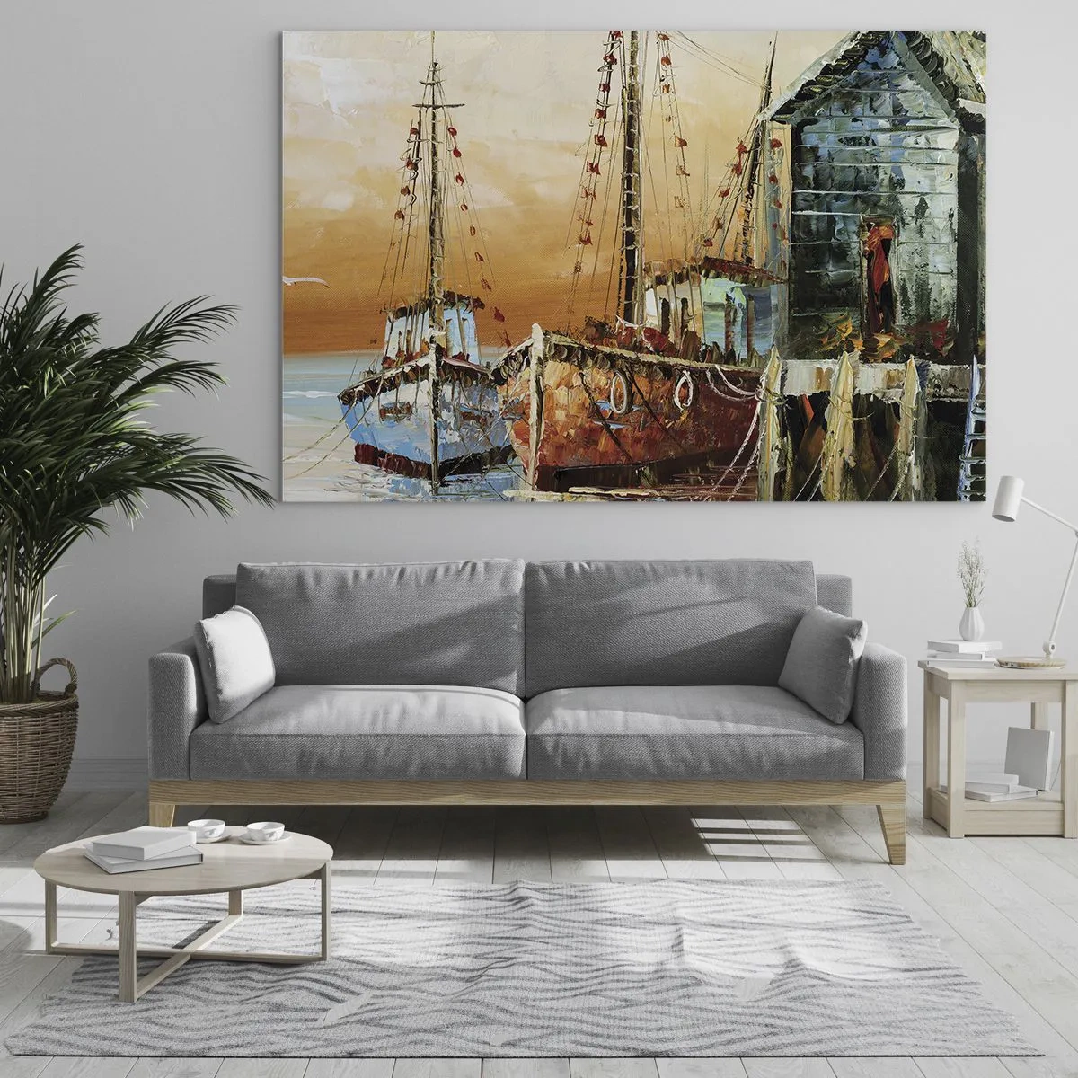 Obraz na skle - Barevné lodě v přístavu - 70x50cm - Klidný návrat - Moderní nástěnná dekorace do obývacího pokoje a ložnice ARTTOR