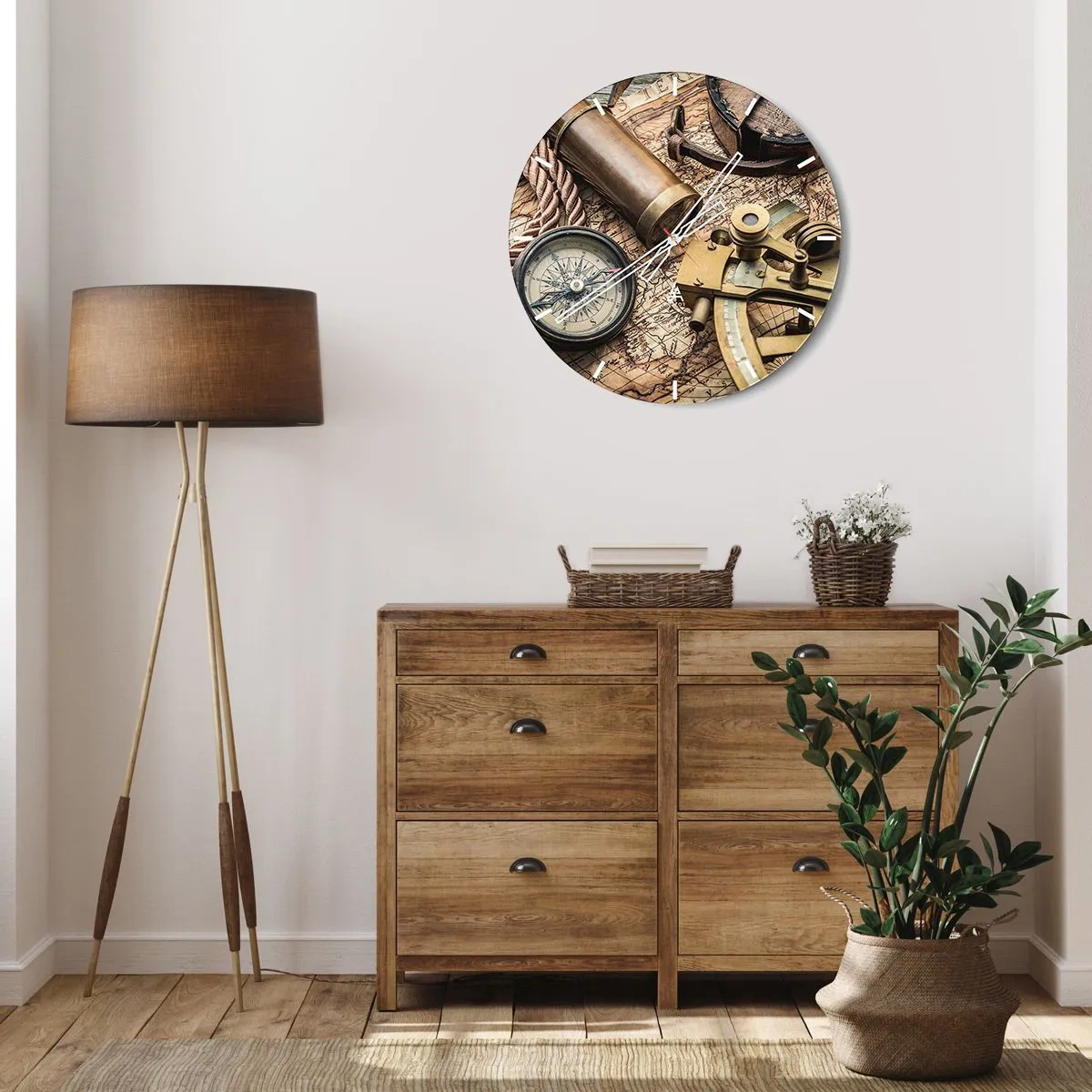 Nástěnné hodiny - Navigační sada s mapou, kompasem a sextantem - 30x30cm - Urči směr - Moderní nástěnná dekorace do obývacího pokoje, kuchyně a ložnice ARTTOR