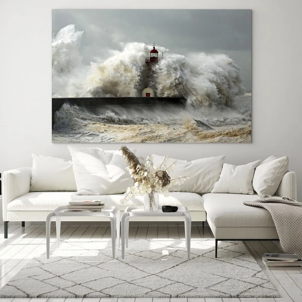 Obraz na skle - Maják obklopený silnými vlnami - 70x50cm - Hněv oceánu - Moderní nástěnná dekorace do obývacího pokoje a ložnice ARTTOR
