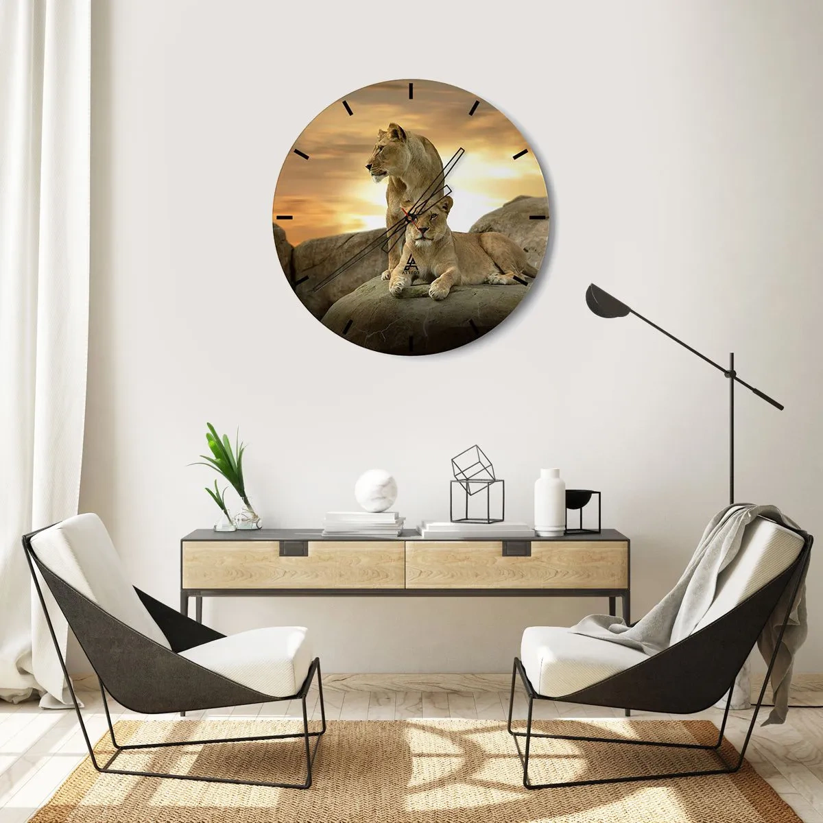 Nástěnné hodiny - Dva lvi proti zapadajícímu slunci - 30x30cm - Královský majestát - Moderní nástěnná dekorace do obývacího pokoje, kuchyně a ložnice ARTTOR