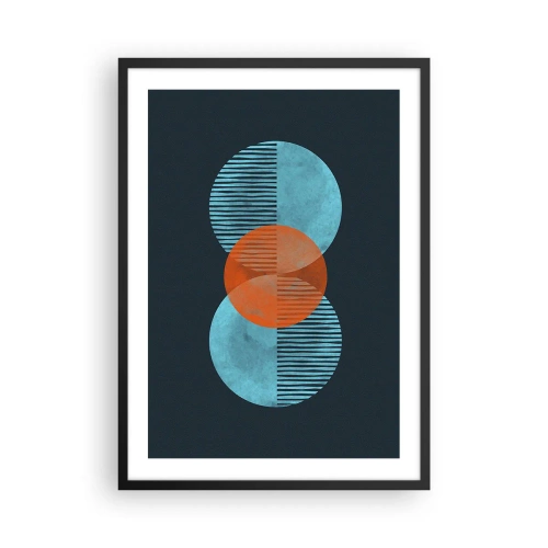 Plakát v černém rámu - Symetrické kruhy v odstínech modré a oranžové s čarami - 50x70cm - Symetrická kompozice - Moderní nástěnná dekorace do obývacího pokoje a ložnice ARTTOR
