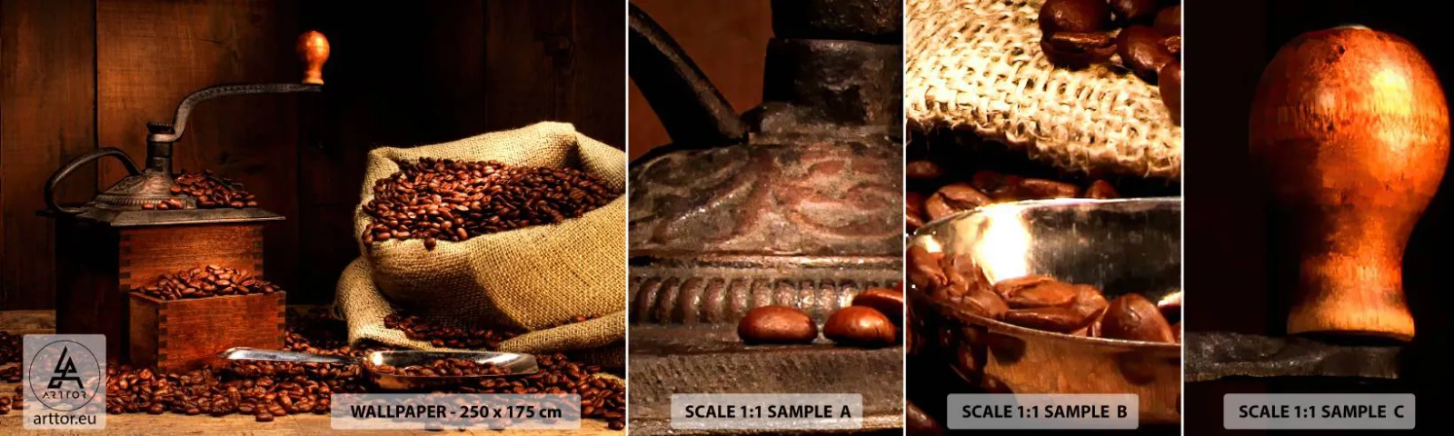 Fototapeta Vzorek Standard Eco - Zátiší se zrnky kávy a mlýnkem - Gastronomie, Káva, Mlýnek na kávu - 100x30 cm