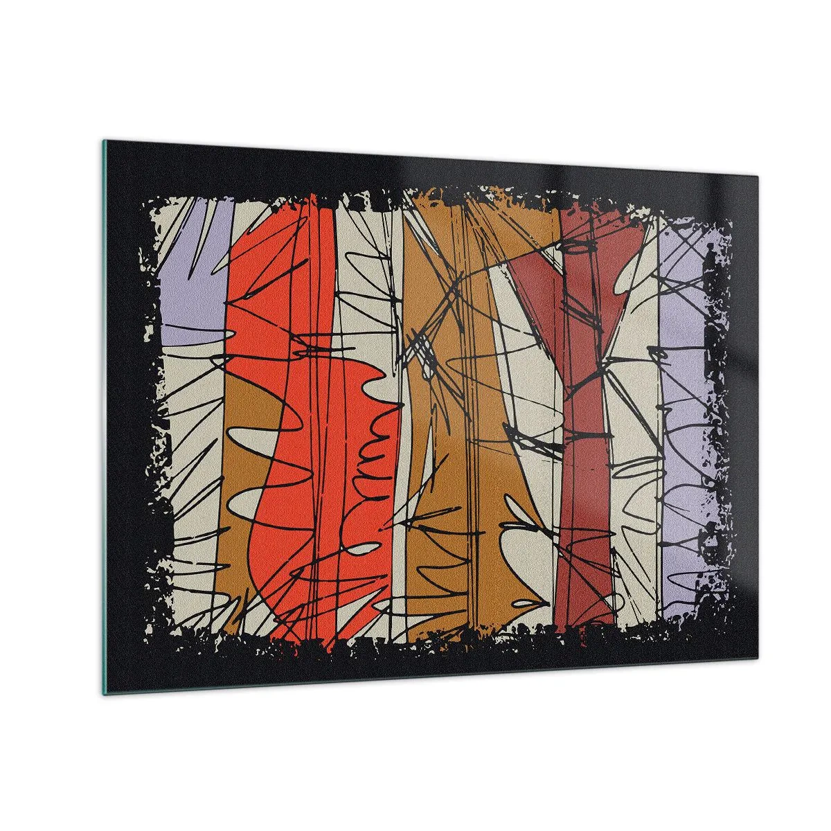 Obraz na skle - Grafická abstrakce s barevnými pruhy a černými čarami - 70x50cm - Spontánní kompozice - Moderní nástěnná dekorace do obývacího pokoje a ložnice ARTTOR