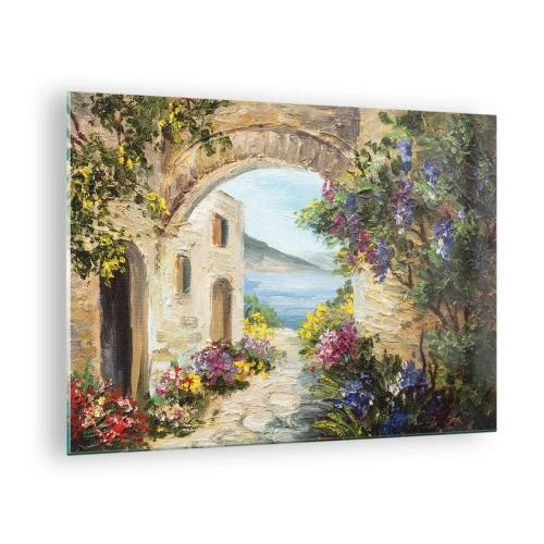 Obraz na skle - Malebná ulice s výhledem na jezero - 70x50cm - Půvab pobřežní krajiny - Moderní nástěnná dekorace do obývacího pokoje a ložnice ARTTOR