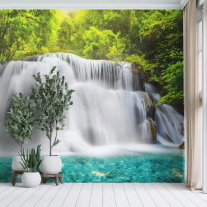 Fototapeta Samolepicí Deluxe Sticker - Zpěněným vodopádem od zeleně k modré - Krajina, Vodopád, národní park - 400x280 cm