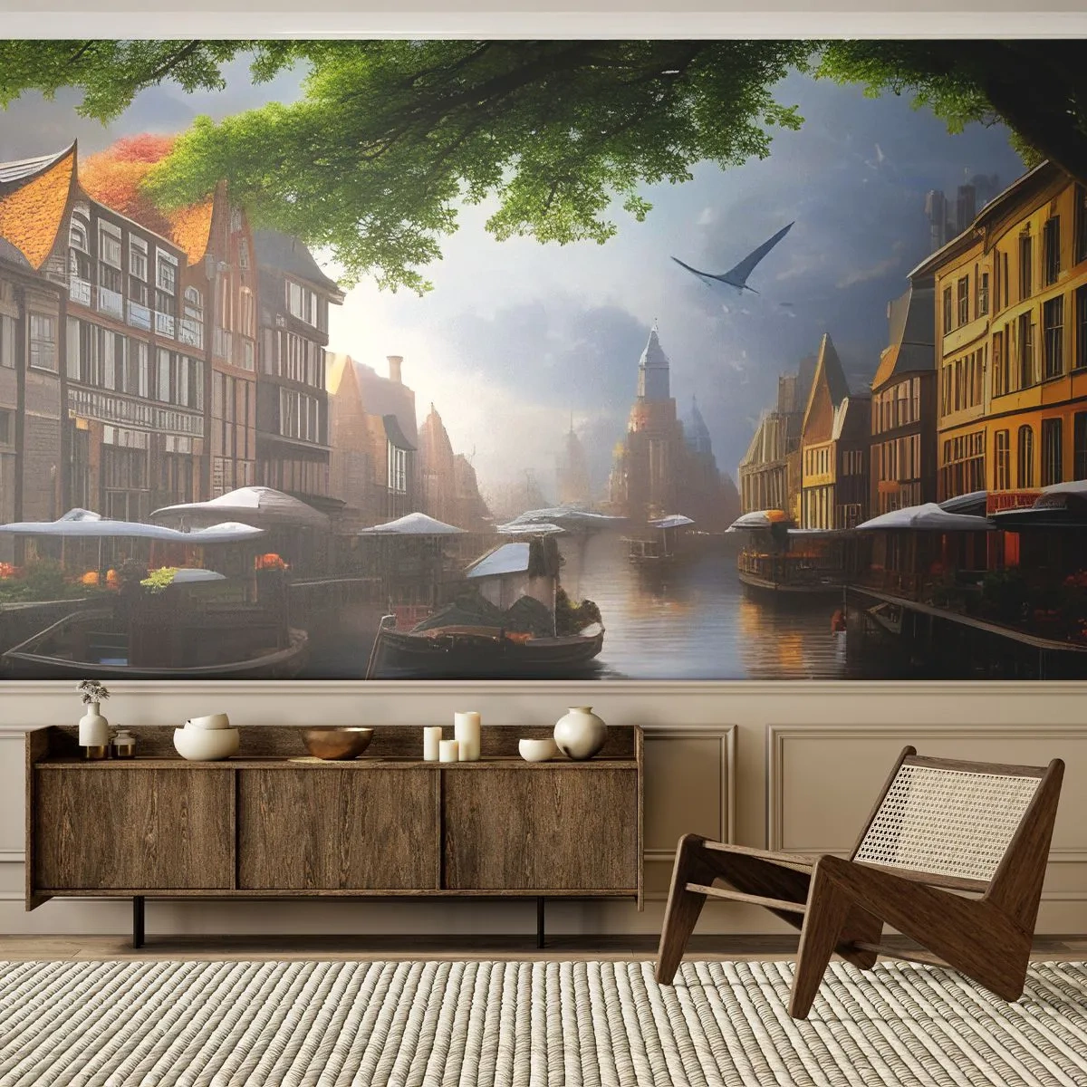 Fototapeta Premium Canvas - Nizozemská městská krajinka - Staré Město, Lodě, Kanál - 250x175 cm