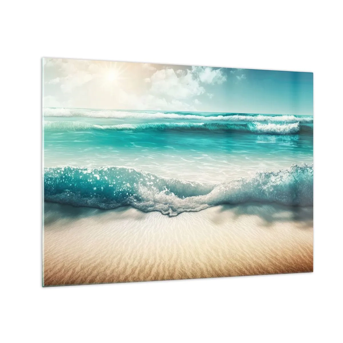 Obraz na skle - Tyrkysové oceánské vlny tříštící se o písečnou pláž - 70x50cm - Klid oceánu - Moderní nástěnná dekorace do obývacího pokoje a ložnice ARTTOR