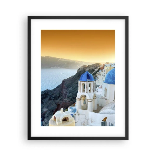 Plakát v černém rámu - Santorini - přitulené ke skalám - 40x50 cm