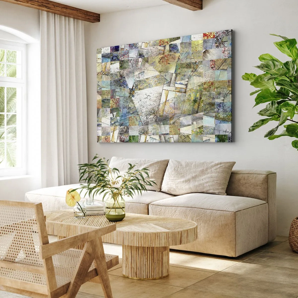 Obraz na plátně - Barevná abstrakce s geometrickými tvary a liniemi - 70x50cm - Geometrické přeskupení - Moderní nástěnná dekorace do obývacího pokoje a ložnice ARTTOR