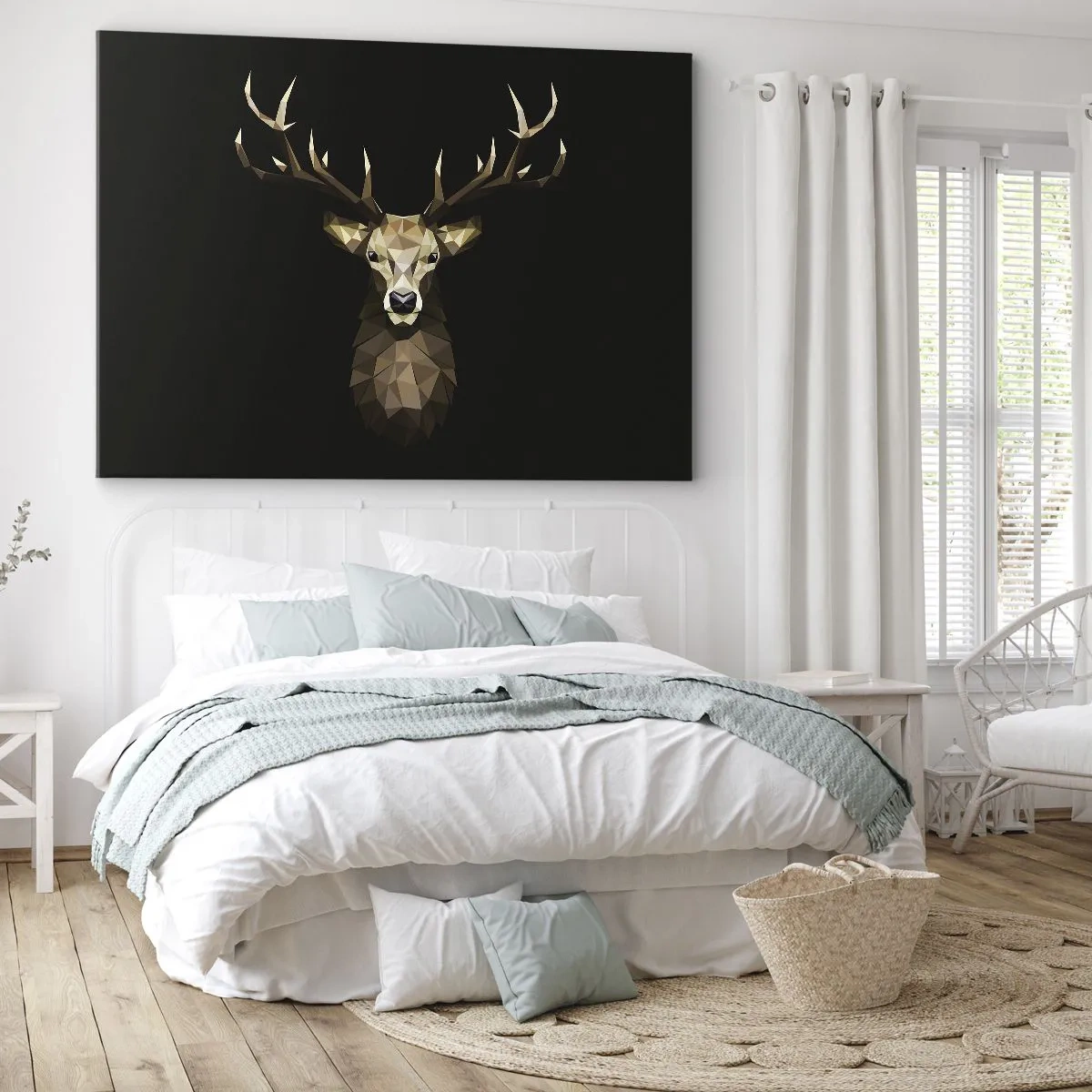 Obraz na plátně - Geometrický mnohoúhelník jelen na černém pozadí - 70x50cm - Kubistický jelen - Moderní nástěnná dekorace do obývacího pokoje a ložnice ARTTOR