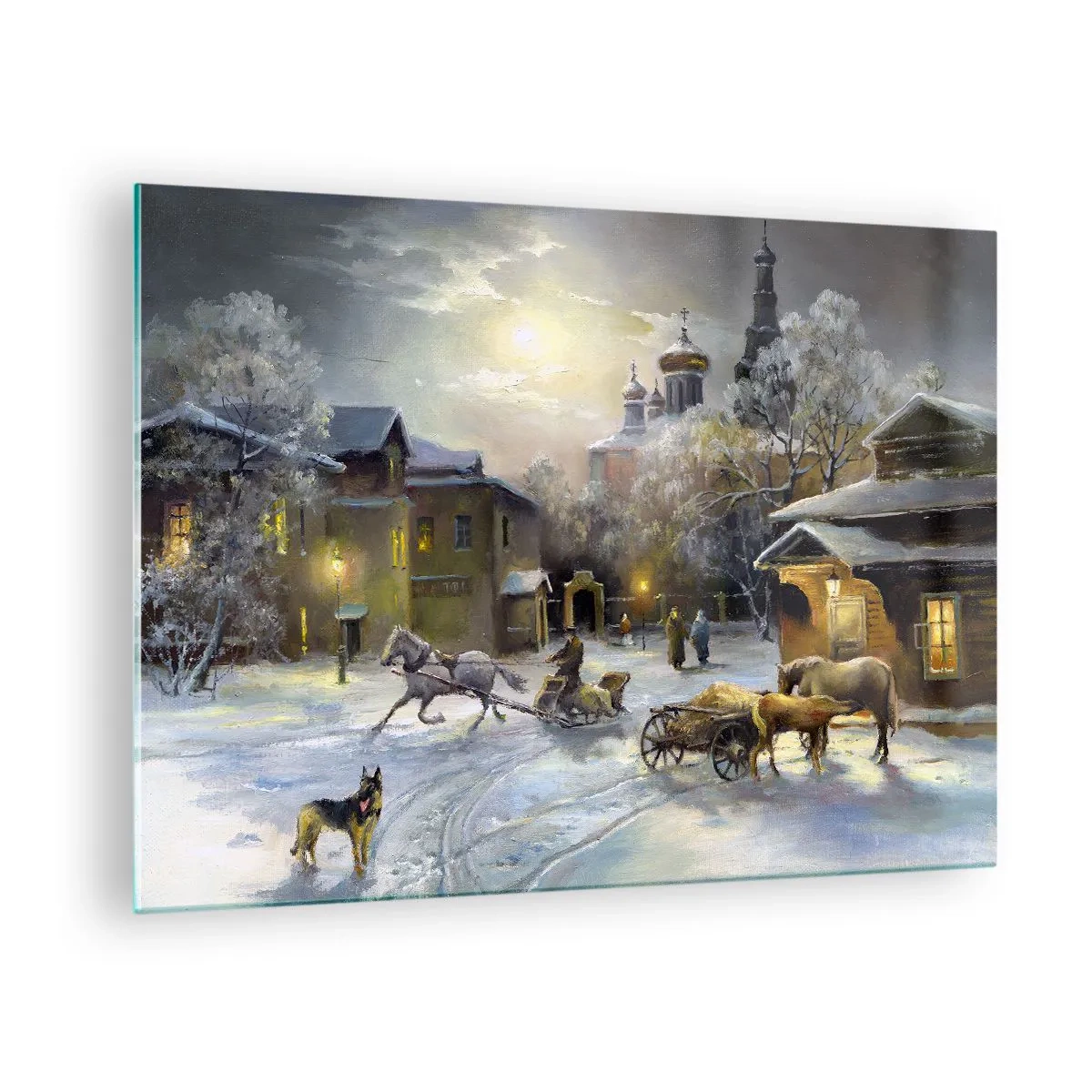 Obraz na skle - Zimní krajina města ozářeného měsíčním světlem - 70x50cm - Kouzlo ruské zimy - Moderní nástěnná dekorace do obývacího pokoje a ložnice ARTTOR
