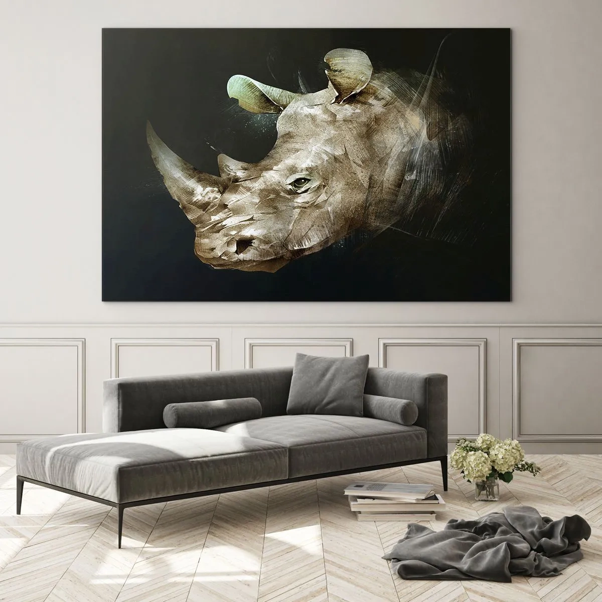 Obraz na skle - Umělecké znázornění hlavy nosorožce na tmavém pozadí - 70x50cm - Skutečně mužná síla - Moderní nástěnná dekorace do obývacího pokoje a ložnice ARTTOR