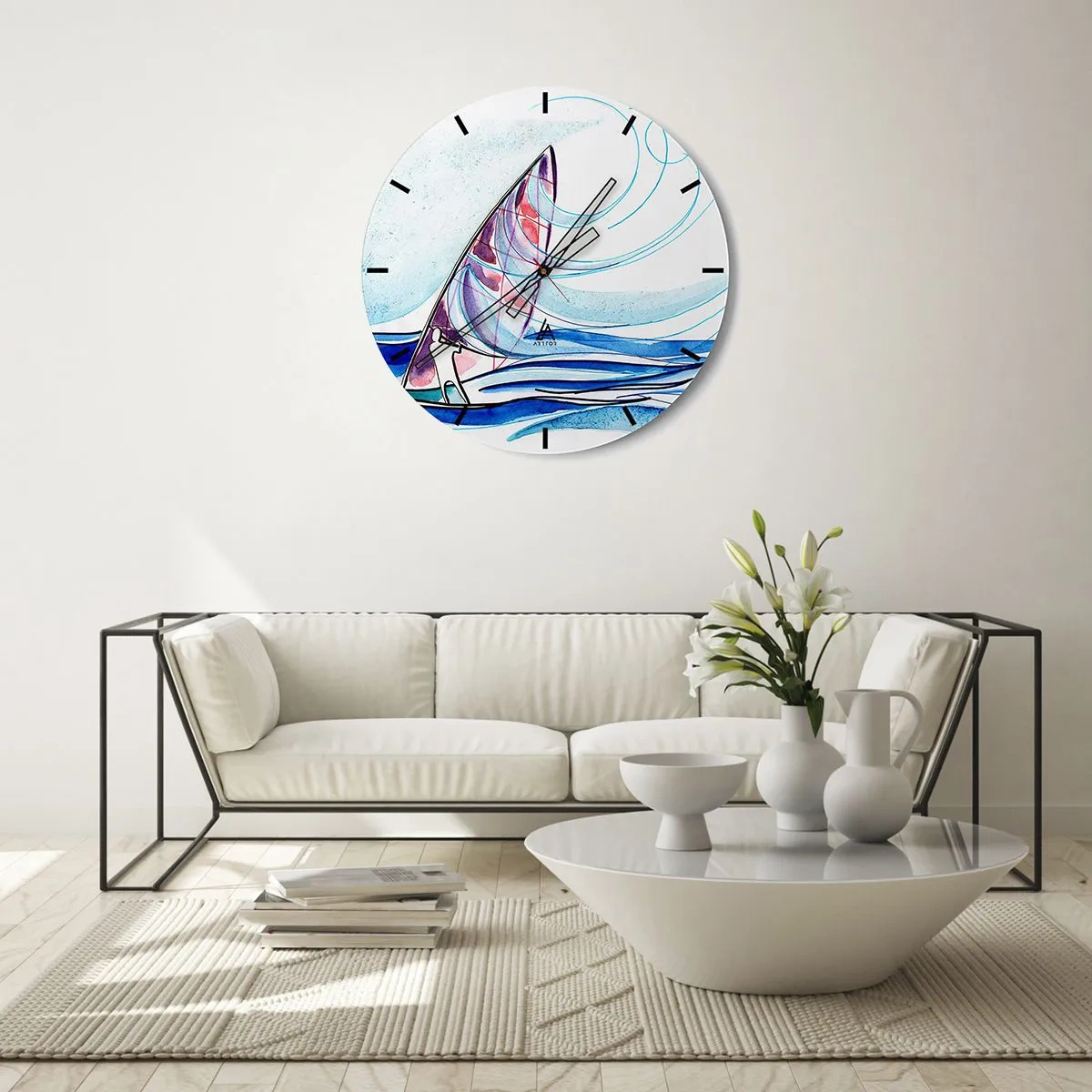 Nástěnné hodiny - Plachetnice na rozbouřeném moři v dynamické, abstraktní podobě - 30x30cm - S větrem v rytmu vln - Moderní nástěnná dekorace do obývacího pokoje, kuchyně a ložnice ARTTOR