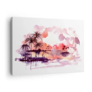 Obraz na plátně - Tropická krajina s palmami při západu slunce v akvarelu - 70x50cm - Klid tropů v červené - Moderní nástěnná dekorace do obývacího pokoje a ložnice ARTTOR