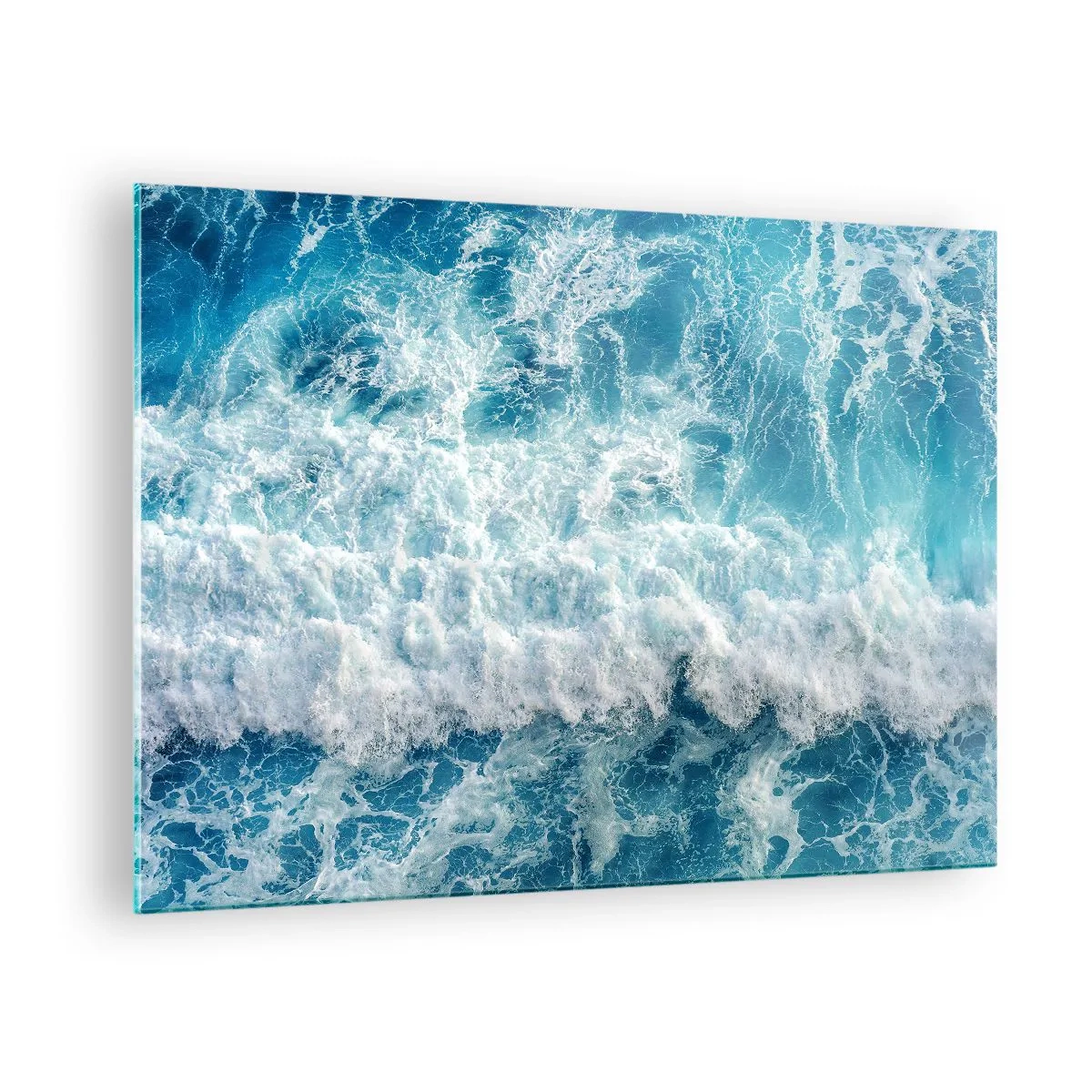 Obraz na skle - Modré vlny tříštící se o břeh - 70x50cm - Radostně a skákavě - Moderní nástěnná dekorace do obývacího pokoje a ložnice ARTTOR