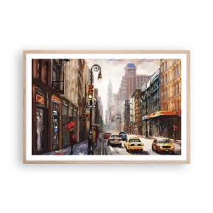 Plakát v rámu světlý dub - New York – barevný i v dešti - 91x61 cm