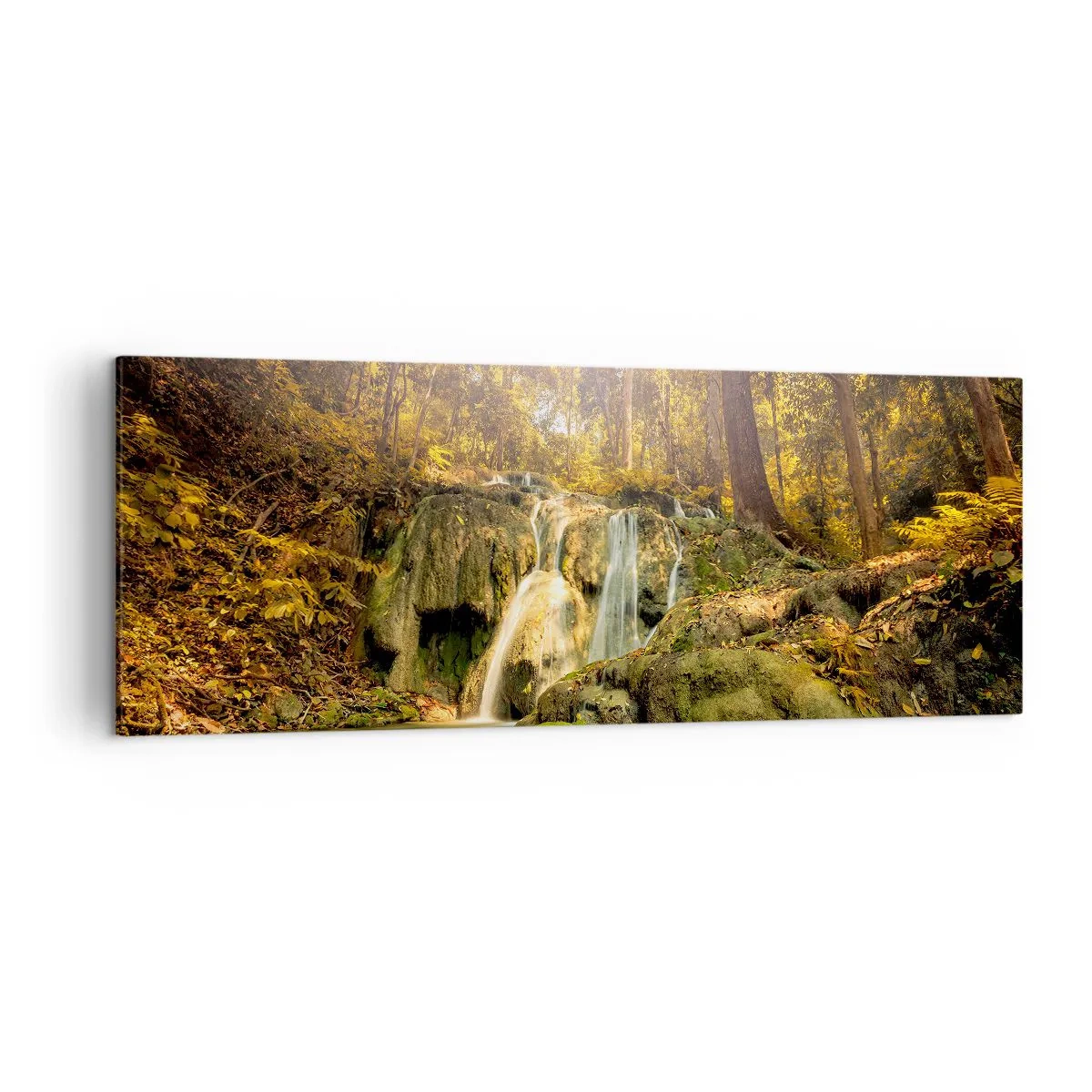 Obraz na plátně - Lesní vodopád v zelené - 140x50 cm