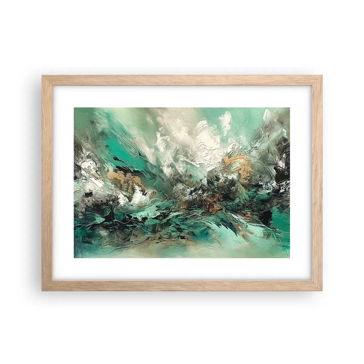 Plakát v rámu světlý dub - Smaragdově černé vlnobití - 40x30 cm