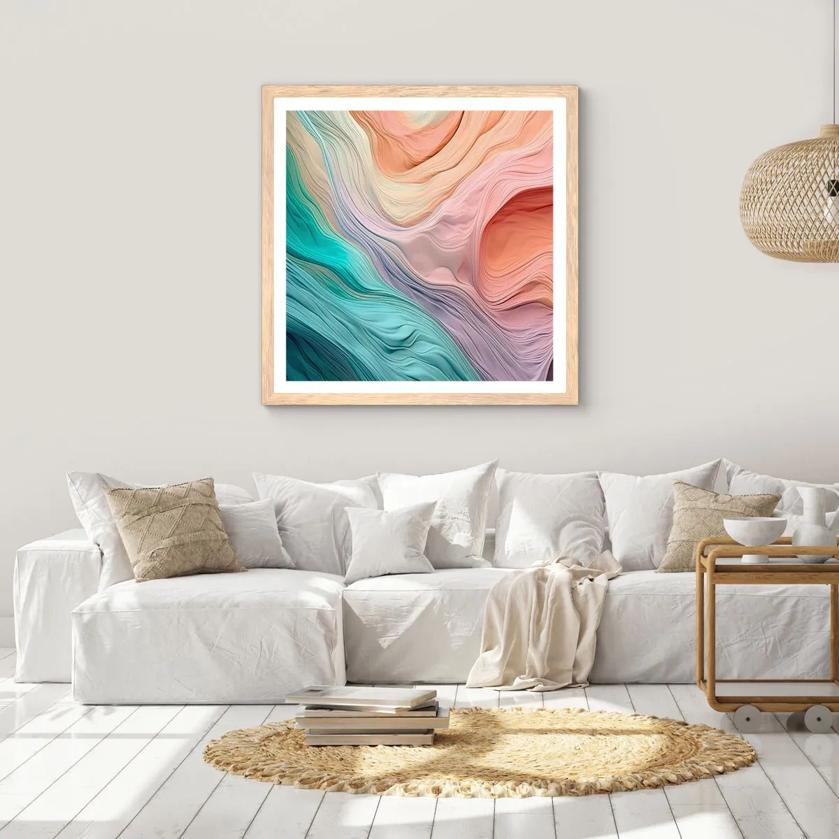 Plakát v rámu světlý dub - Duhová vlna - 50x50 cm