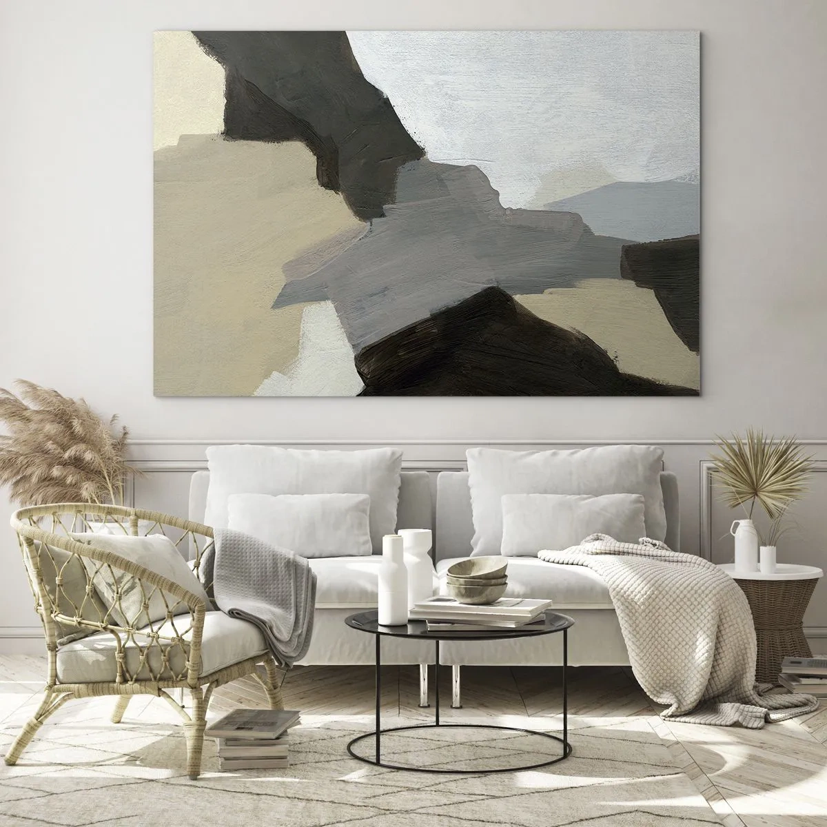Obraz na skle - Moderní abstraktní kompozice v odstínech šedé - 70x50cm - Abstrakce: křižovatka šedi - Moderní nástěnná dekorace do obývacího pokoje a ložnice ARTTOR