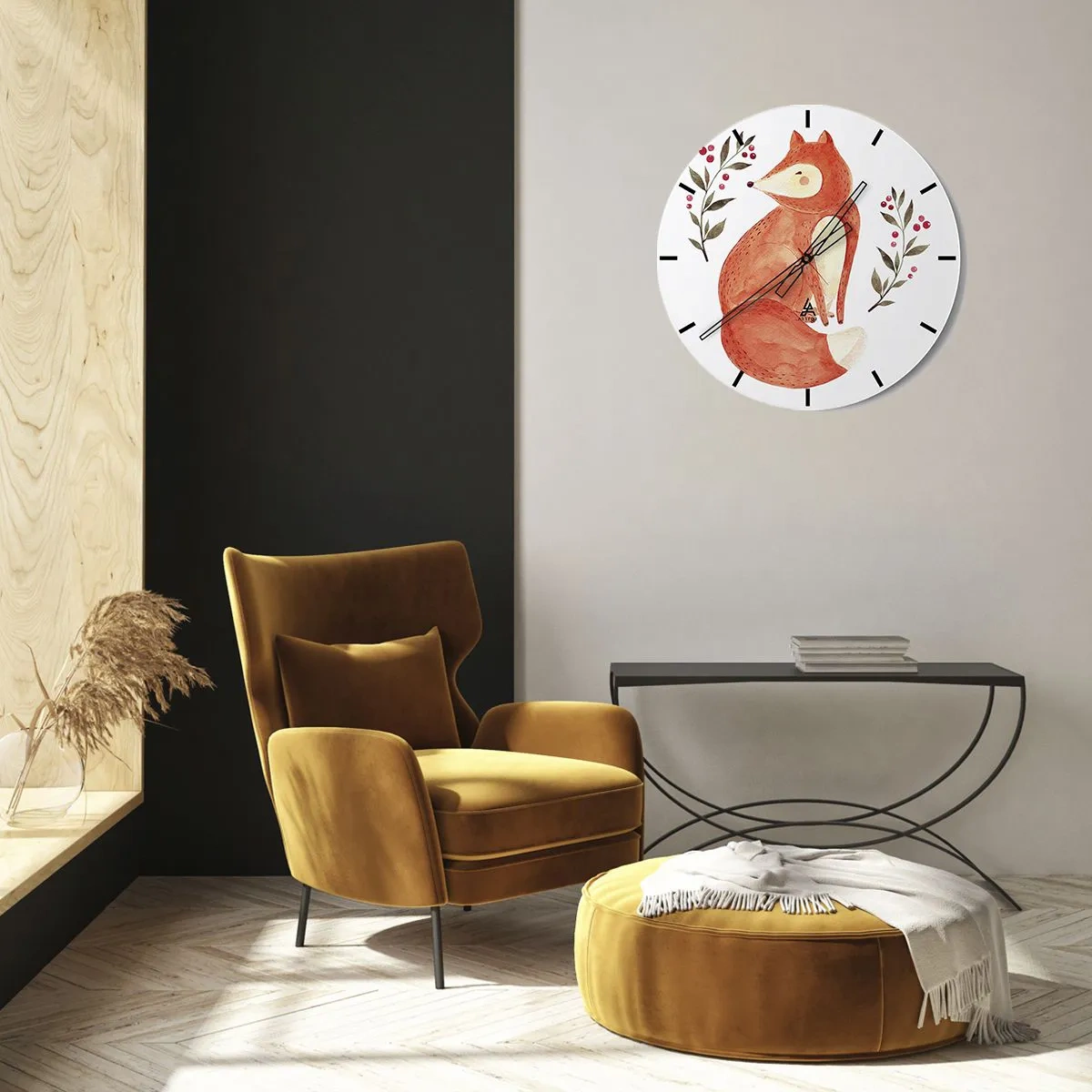 Nástěnné hodiny - Ilustrace lišky obklopené větvičkami s bobulemi - 30x30cm - Malý zrzek - Moderní nástěnná dekorace do obývacího pokoje, kuchyně a ložnice ARTTOR